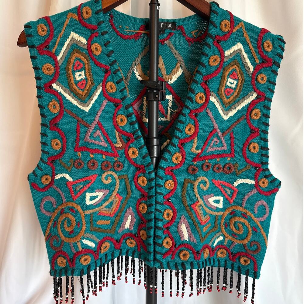 Vintage Rafia Embroidered Knit Vest – Size Large Unique Statement Piece